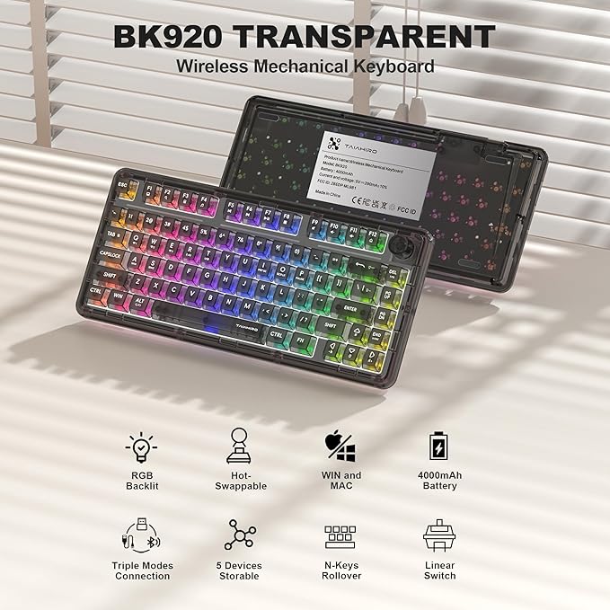Transparent Mechanical Keyboard 80-Key RGB Backlit Wireless Gaming Keyboards Hot Swap Customizable Clear Acrylic Design Quiet Linear Switches 3 Modes BT5.0/2.4G/USB-C 4000mAh Battery (Black)