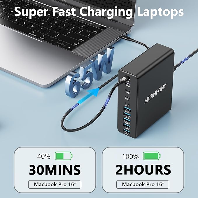 320W USB C Charger Block 10-Port USB C Charging Station GaN III PD 65W Laptop Fast Charger Adapter for MacBook Pro/Air DELL iPad iPhone Samsung Galaxy Black