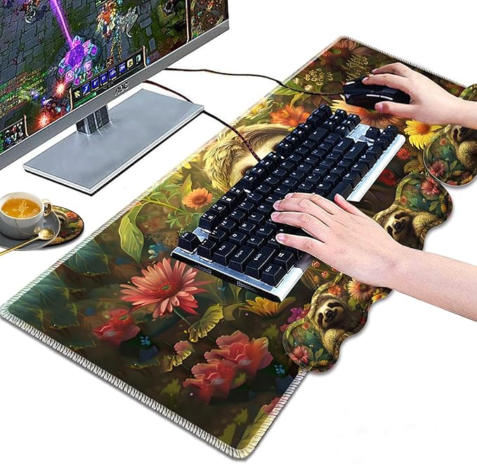 Large Gaming Mouse Pad Keyboard Wrist Rest Pad + Mouse Wrist Pad + Coaster 4 in 1 Set Extended Waterproof Non-Slip Desk Mat Suitable for Office Home Learning Games Flower Sloth