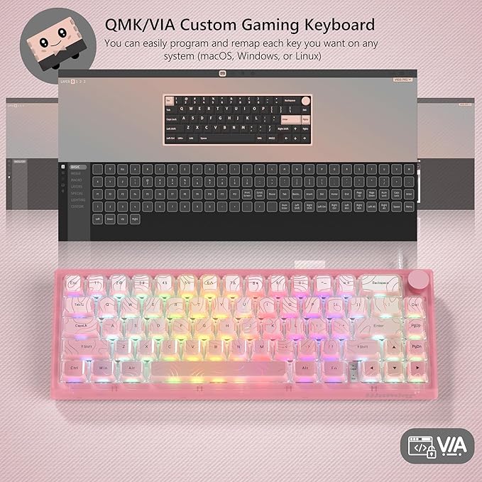 Womier 60% Percent Keyboard Pink Mechanical QMK/VIA Creamy Gaming Keyboard Topographic Hot Swappable Gasket Mount RGB Wired Key Board &amp Translucent Keycaps(VK66 PRO)