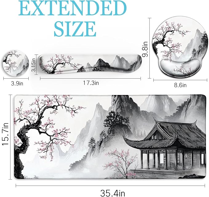 Japanese Ergonomic Mouse Pad Large Desk Mat Set XXL Anime Mousepad with Wrist Rest Wrist Support Gaming Keyboard Mat Cup Coaster Set Japanese Style Office Desk Accessories Decor