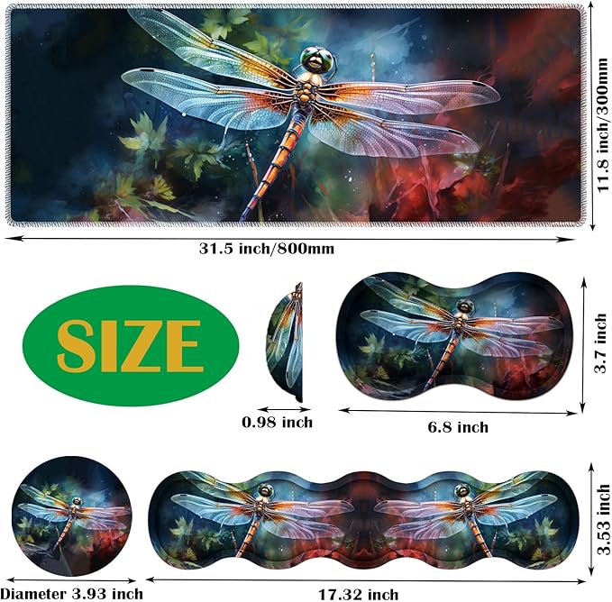 4 in 1 Mouse Pad Combo Large Gaming Mouse Pad + Keyboard Wrist Support + Mouse Wrist Rest + Coaster Table Pad with Stitched Edge Ergonomic Wrist Pad Set Art Dragonfly