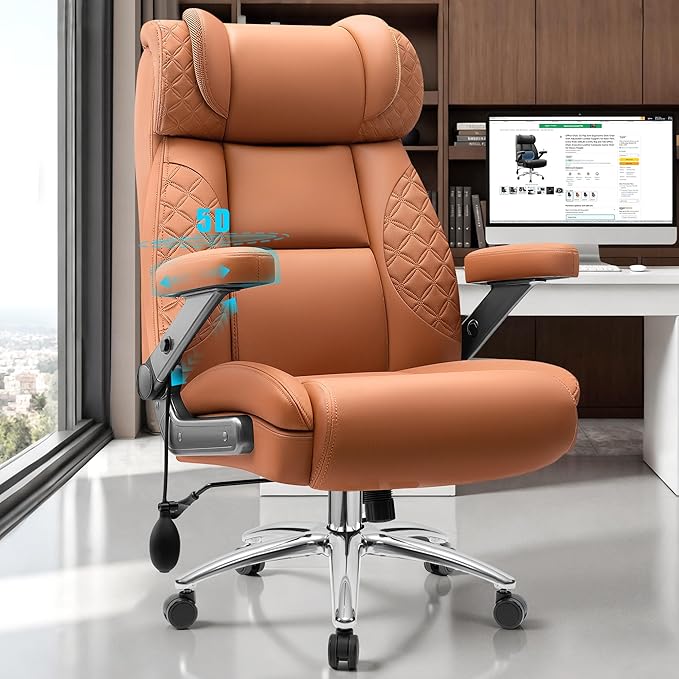 Office Chair 5D Flip Arm Ergonomic Desk Chair with Adjustable Lumbar Support for Back Pain Extra Wide 500LBS Comfy Big and Tall Office Chair Executive Leather Computer Game Chair for Heavy People