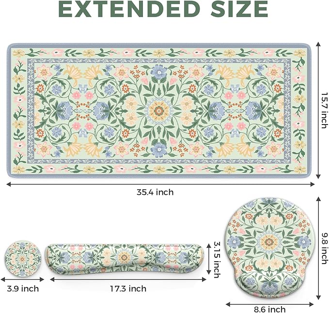 iCasso Desk Cover Mat Gaming Mouse Pad Wrist Support Set4in1 XXL Large Mousepad + Keyboard Wrist Rest+Mouse Wrist Rest+Coaster Set with Ergonomic Design for Home Office Table Computer(Green Flowers)