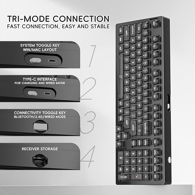 kutethy KY98 Wireless Mechanical Keyboard with Transparent KeycapsFull Aluminum CNCHot-swappablePre-lubed Linear SwitchesGasket StructureRGB BacklitOLED ScreenBT5.0/2.4G/USB-C Wired (Black)