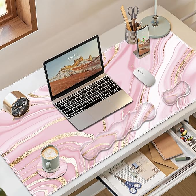 Gaming Mouse Pad Keyboard Wrist Support 4 in1 Mousepad Set with Wrist Keyboard Rest Computer Desk Mat Non-Slip Desk Pad Protector with Memory Foam Easy Typing Pain Relief I Pink Gold Marble
