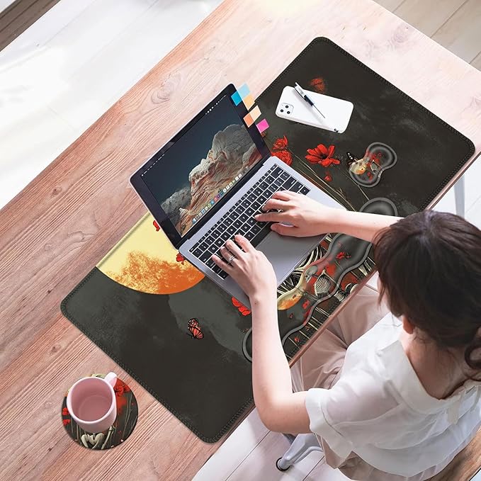 Mouse PadLarge Desk Mat Set 4in1 XL Mousepad + Keyboard Wrist Rest+Mouse Wrist Rest+Coaster with Ergonomic Desk Pad for Home Office Table Computer Cover -Skeleton with Red Poppies