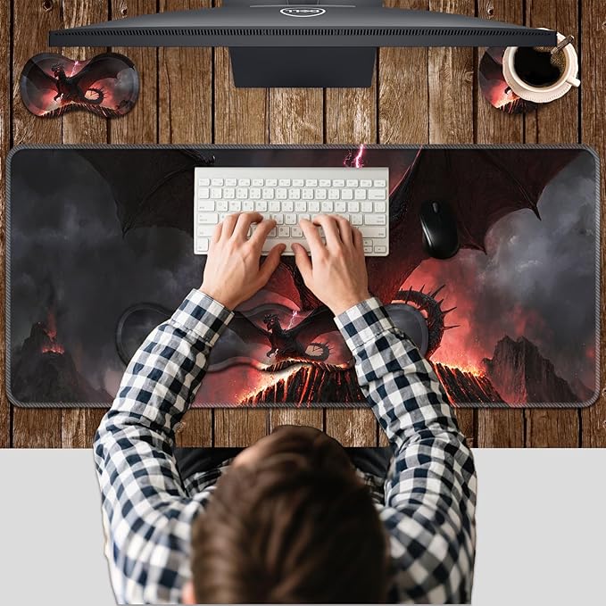Ergonomic Keyboard Wrist Rest &amp Mouse Pad Wrist Rest SetXL Gaming Desk Mat 31.5x 11.8Non-Slip BaseMemory FoamEasy Typing Pain Relief for Office &amp HomeDark Dragon Pink Lightning