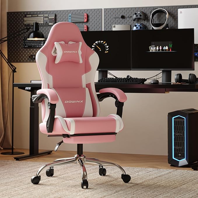 Ergonomic Gaming Chair with Footrest Heavy Duty 330lbs Office Chair Massage Lumbar Support Adjustable Height &amp Headrest Pillow Comfortable for Back Pain Relief Streaming Long Gaming Rose