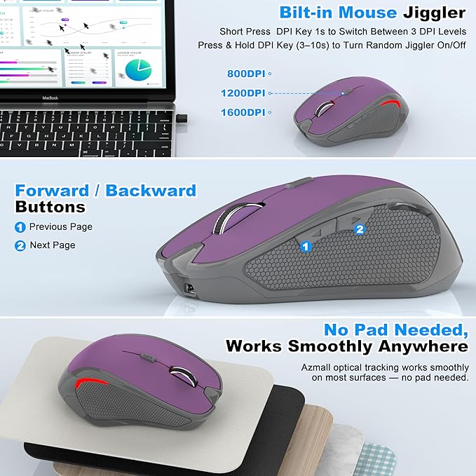 Bluetooth Wireless Mouse 2.4G Rechargeable Computer Mouse for MacBook Air iPad Pro PC with Jiggler Mode 3 DPI Levels &amp Forward/Back Buttons Laptop Mice for Office/Home/School - Red