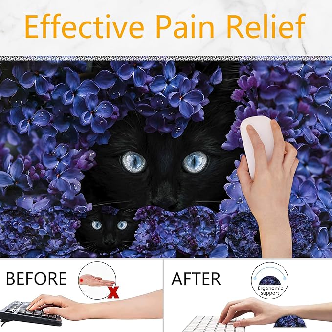 Large Mouse Pad Set Desktop Mouse Pad + Keyboard Wrist Pad + Mouse Wrist Pad + Coaster Ergonomic Memory Foam Multi-functional Desk Mat - Flower and Black Cat