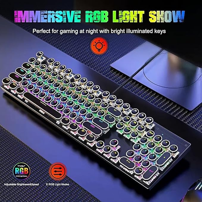 Guiheng Wired Typewriter Style Mechanical Gaming Keyboard Black Retro Punk Gaming Keyboard with RGB Backlit 104 Keys Blue Switch Wired Cute Keyboards Round Keycaps for Windows/Mac/PC