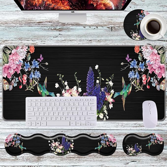Keyboard Wrist Rest+Mouse Wrist Pad+Desk Pad SetMemory Foam Ergonomic Easy Typing Pain Relief for Computer Laptop Office Home - Hummingbird and Flower
