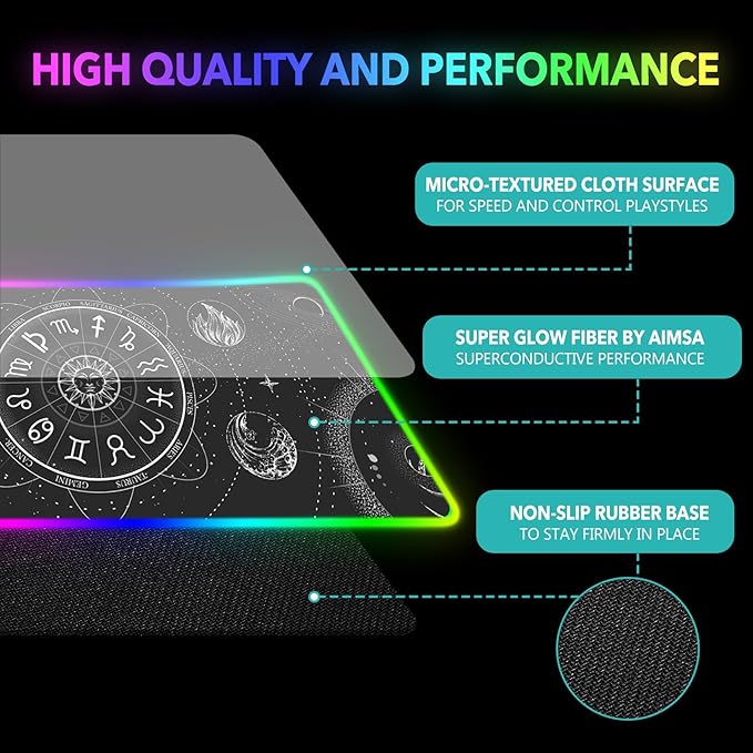 AIMSA RGB LED Gaming Mouse Pad 14 Modes Glow Pad Extra Large Gaming Mousepad 35.4 x 15.8 inch Extended Big Waterproof Keyboard Mouse Pad Mat Black Cosmic Constellation Magic