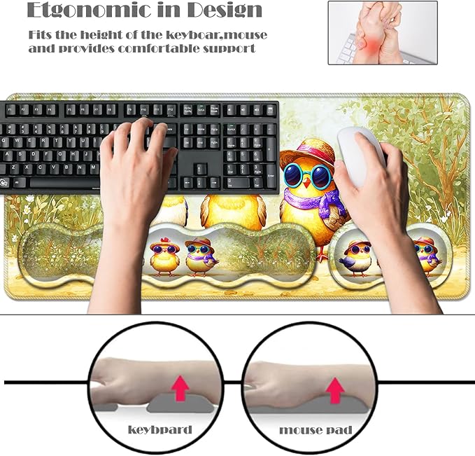 Ergonomic Keyboard Wrist Rest &amp Mouse Pad Wrist Rest SetXL Gaming Desk Mat 31.5x 11.8Non-Slip BaseMemory FoamEasy Typing Pain Relief for Office &amp HomeCute Chickens with Hats