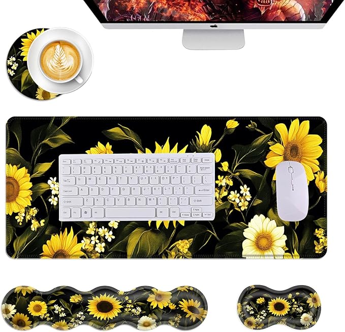 Mouse PadLarge Desk Mat Set 4in1 XL Mousepad + Keyboard Wrist Rest+Mouse Wrist Rest+Coaster with Ergonomic Desk Pad for Home Office Table Computer Cover -Sunflowers and White Flowers