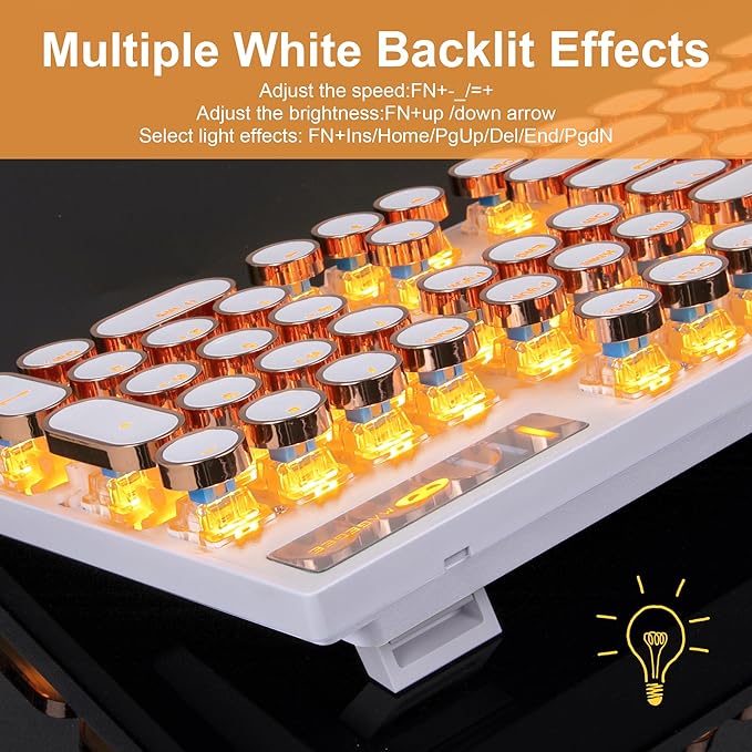 Camiysn Typewriter Style Mechanical Keyboard Retro Punk Gaming Keyboard with Gold LED Backlit Cute Wired Keyboards104 Keys Full Size Keyboards Uique Round Keycaps for Windows/Mac/PC(White&ampGold