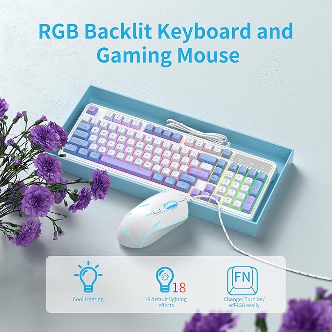Wire Gaming KeyboardCreamy Keyboard and Mouse Combo 7 Colorful Rainbow Backlight Classic Gaming Keyboard (White &amp Blue &amp Purple)