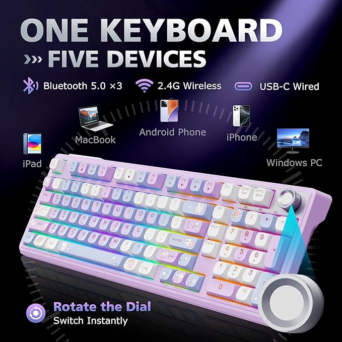 F98 Wireless Mechanical Keyboard with Knob Thocky Creamy Keyboard with Number pad Hot Swappable RGB Backlit Keyboard BT 5.0/2.4G/USB-C for Mac Laptop &amp PC Gaming Keyboards Pink