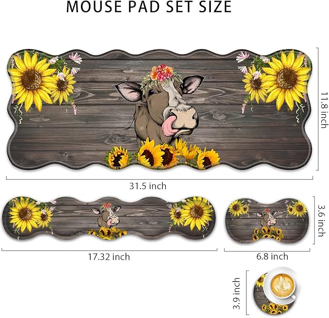 4 in 1 Desk Mat SetMouse Pad with Keyboard Wrist RestWave-Shaped DesignNon-Slip Rubber BaseWaterprooffor HomeOfficeGamingCute Cow and Sunflower