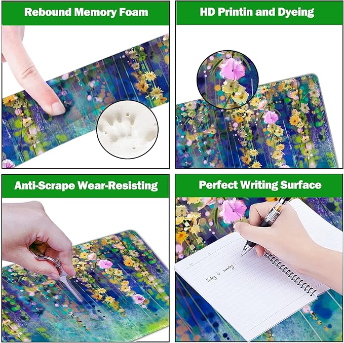 ARTSO Large Gaming Mouse Pad Set Keyboard Wrist Rest Support + Mouse Wrist Cushion + Extended Mousepad + Coaster 35x15.5in Multifunctional Desk Mat 4pcs Oil Painting Flowers