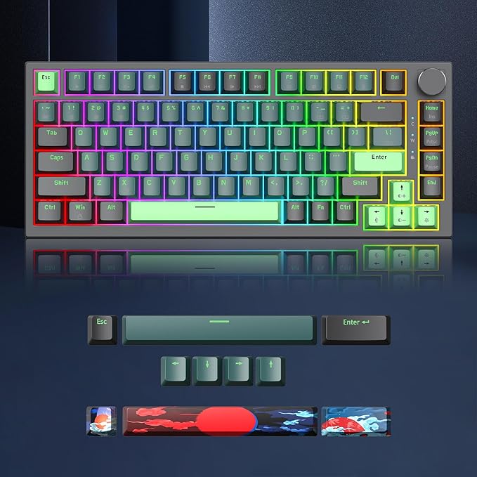 Owpkeenthy 75 Percent Gaming Keyboard Gasket Mounted with Knob Wired 82 Key Mechanical Keyboard Hot Swappable Linear Red Switch RGB Backlit for PC Laptop (82 Wave)