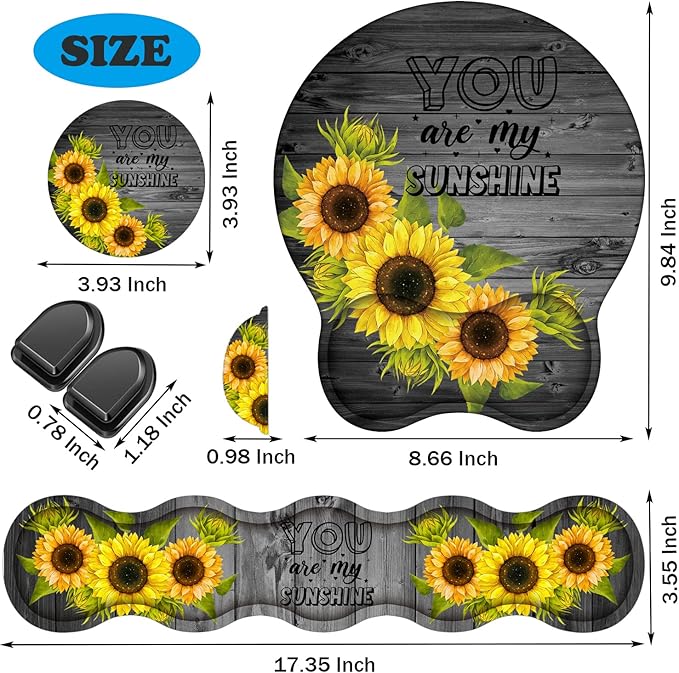 Keyboard Wrist Rest Support and Wrist Rest Mouse Pad with Non-Slip PU Base with Coaster Hook Gel Memory Mouse Pad Combo for Gaming Office Pain Relief - Wood Grain and You are My Sunshine