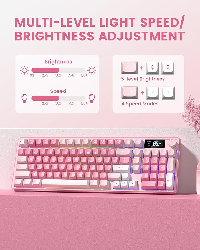 Keymatic Gaming Keyboard Wireless Creamy Keyboard with Media Knob &amp Screen Cute Keyboard Mechanical Feeling Membrane Keyboard with Number Pad RGB Backlit Tri-Mode BT/2.4GHz/USB-C - Pink