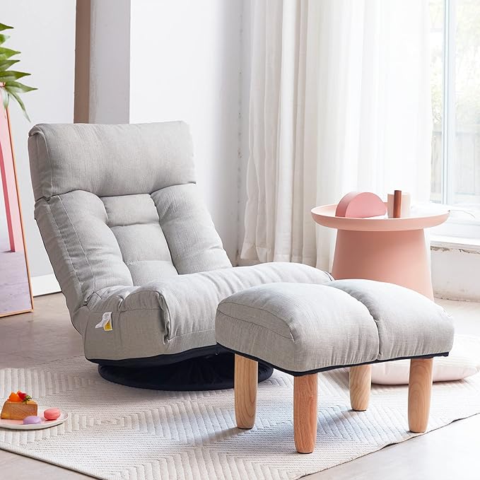 Floor Chair Swivel Chaise Lounge SofaFloor Gaming Chair with 3 Adjustable Positions Foldable Lounge Chair Indoor with Cushion Padded Backrest and Footstool for Bedroom OfficeLight Grey