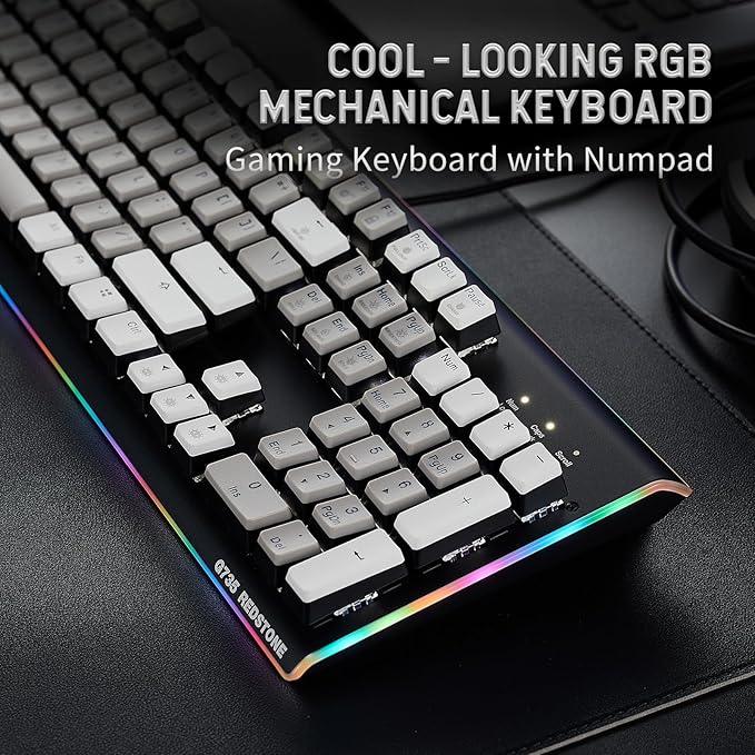 Hexgears GK735 Wired Full Size Mechanical Keyboard Aluminum Housing Built for Gamers w/Kailh Box White Switch White Backlit + Surrounded by RGB Light Strip 104 Keys Gaming Keyboard for PC/Mac