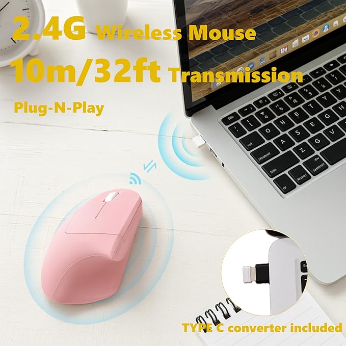 Urby Left Handed Mouse Vertical Left Handed Ergonomic Wireless Mouse Ideal for Lefty Users Gaming &amp Office Use Compatible with Windows/macOS/iPadOS. Pink