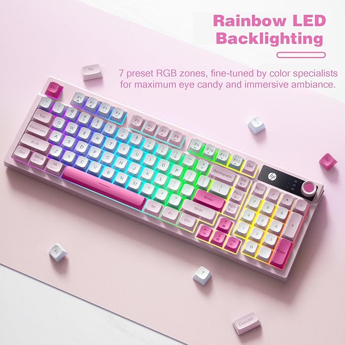HP K500F Wireless Gaming Keyboard - 98 Keys RGB Backlit Volume Knob Tri-Mode Bluetooth 5.0/2.4GHz/USB-C Wired 3000mAh Rechargeable Membrane Keyboard for Desktop and Laptop (Gradient Pink)