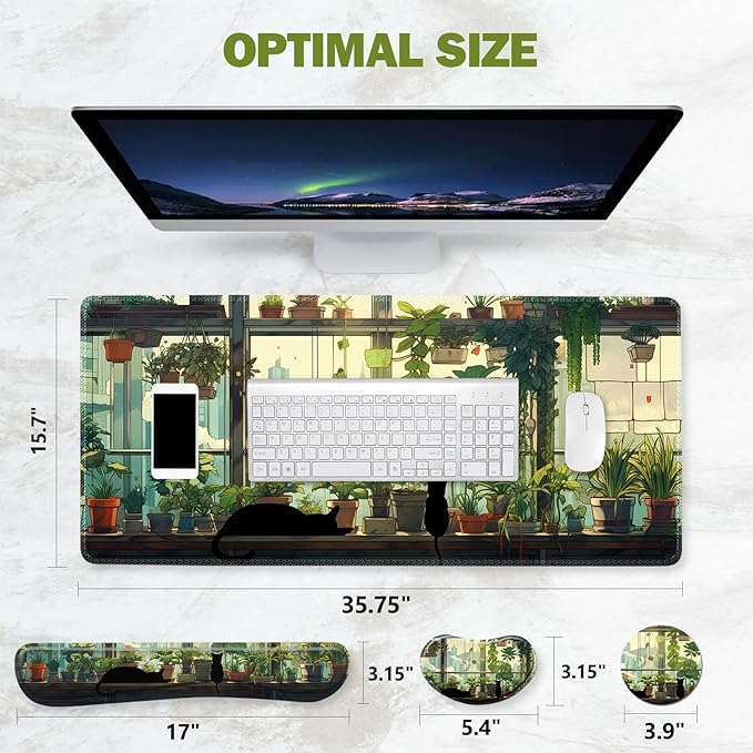 ToLuLu Extended Gaming Mouse Pad Memory Foam Ergonomic Keyboard Mouse Wrist Rest Support Set Large Desk Mat with Stitched Edges Non-Slip Base Mousepad Home Office Cute Green Japanese Kawaii Cat