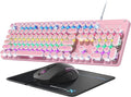 Typewriter Mechanical Gaming Keyboard and Mouse Metal Panel Retro Keyboards with Round Keycap Blue Switch Rainbow LED Backlit 104-Key Anti-Ghost Wired Mouse and Pad Combo for PC Laptop Mac Gamer