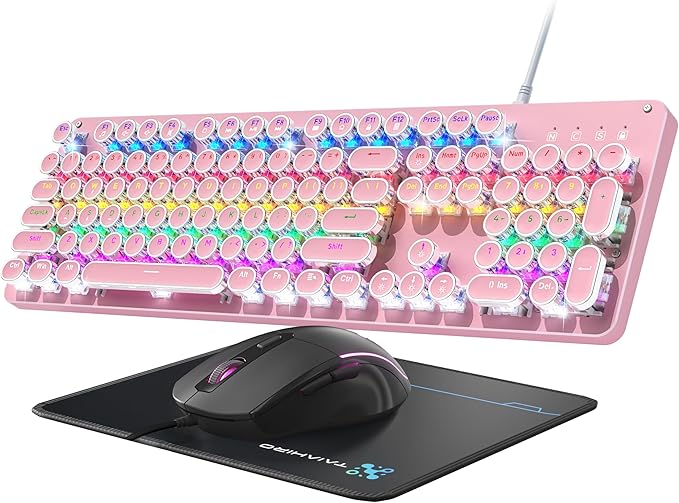 Typewriter Mechanical Gaming Keyboard and Mouse Metal Panel Retro Keyboards with Round Keycap Blue Switch Rainbow LED Backlit 104-Key Anti-Ghost Wired Mouse and Pad Combo for PC Laptop Mac Gamer