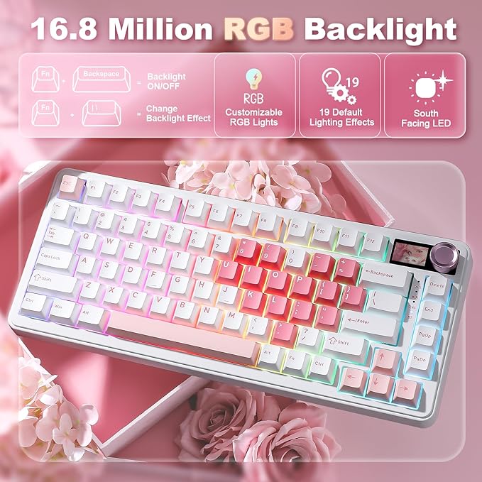 YUNZII B75 PRO MAX QMK/VIA Wireless Mechanical Keyboard75% Layout with Screen and KnobHot Swap GasketCreamy Pre-lubed SwitchesBluetooth/Type-C/2.4G for Win/Mac(White HeartCocoa Cream V2 Switch)
