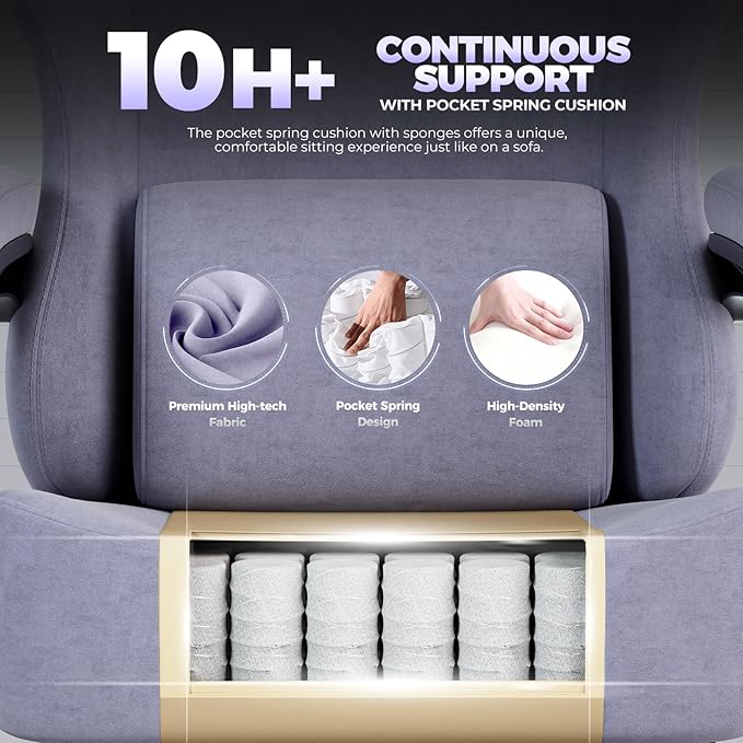 GTPLAYER Gaming Chair with Pocket Spring Cushion High Back Ergonomic Computer Chair with Footrest for Adults Lumbar Support Swivel Game Chair for Office Gaming 350LBS Fabric Macaron Purple