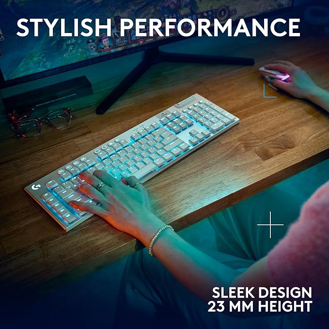 Logitech G915 X Lightspeed Low-Profile Wireless Gaming Keyboard Double-Shot PBT Keycaps Fully Programmable Keys RGB Backlighting Sleek Aluminum Finishing GL Brown Tactile Switches-PC/Mac - White