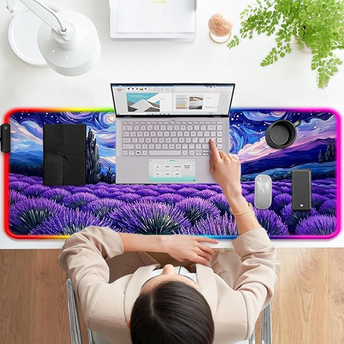 RGB Fantasy Starry Night Lavender Field Gaming Desk Mat Computer Keyboard Large Extended Long Floral LED Mouse Pad for Office and Home XL (W27)