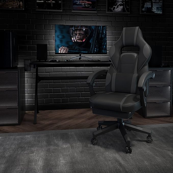 EMMA + OLIVER Black/Gray Ergonomic Gaming Chair -Recline Back/Arms Footrest Massaging Lumbar