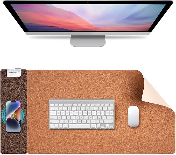 3-in-1 Eco Cork Wireless Charging Mouse Pad Dual-Sided Fast Charge Mouse Mat Extra Large Waterproof Office &amp Makeup Desk Protector Qi-Certified Desk Pad for iPhone/Samsung/AirPods