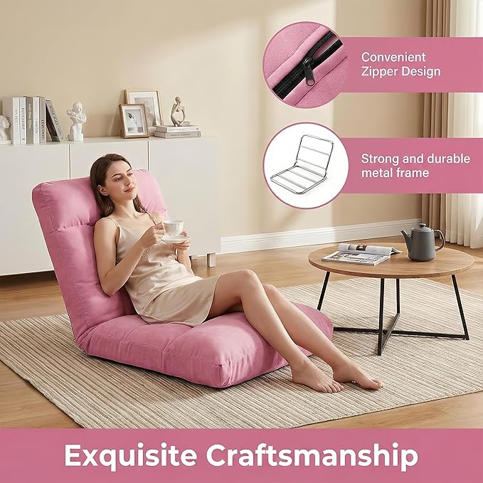 Folding Floor Chair with Back Support 5 Adjustable Position Padded Sleeper Bed Couch Recliner Gaming Floor Chairs for Adults Meditation Living Room