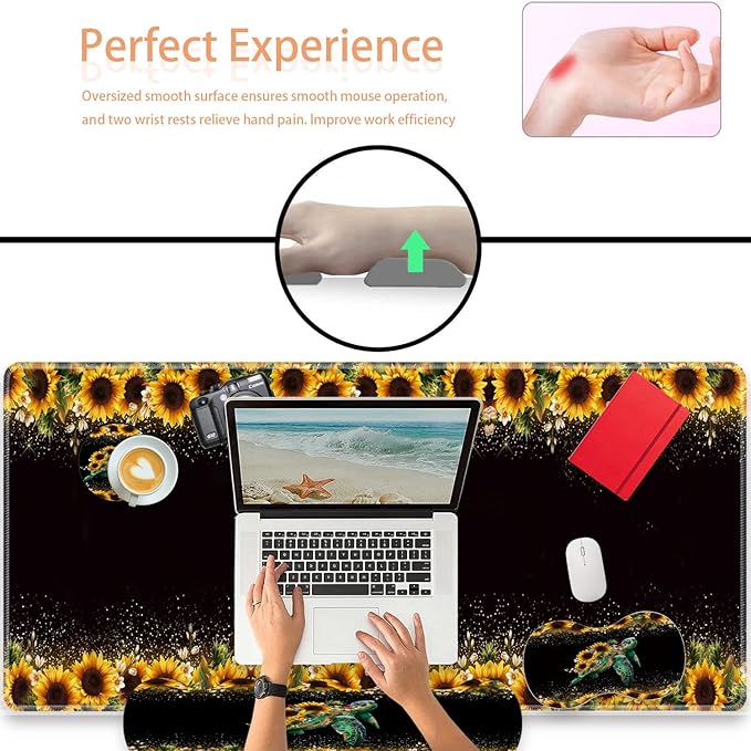 Large Gaming Mouse Pad Keyboard Wrist Rest + Mouse Wrist Pad + Coaster Combination Set Memory Sponge Non-Slip Base. Suitable for Office and Home Glitter Turtle Sunflowers