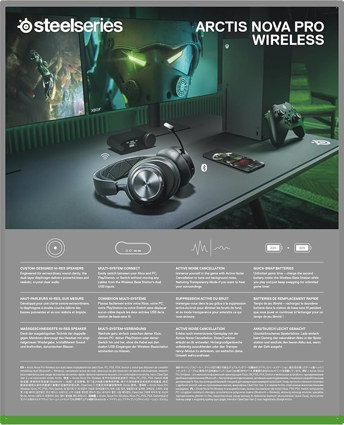 SteelSeries Arctis Nova Pro Wireless Xbox Multi-System Gaming Headset - Premium Hi-Fi Drivers - Active Noise Cancellation Infinity Power System - Stealth Mic - Xbox PC PS5 PS4 Switch Mobile