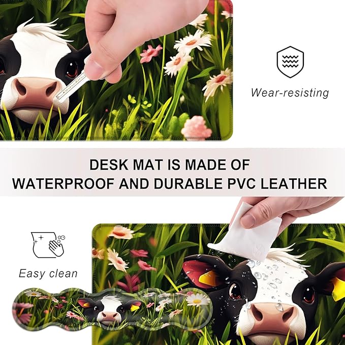 Mouse PadLarge Desk Mat Set 4in1 XL Mousepad + Keyboard Wrist Rest+Mouse Wrist Rest+Coaster with Ergonomic Desk Pad for Home Office Table Computer Cover -Cute Calf in Flower Field