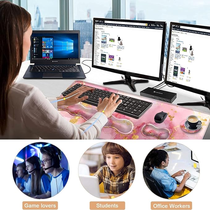 Keyboard Wrist Rest and Mouse Pad with Wrist Support Set Ergonomic CoasterMemory FoamEasy Typing Pain ReliefLarge XL Desk Mat 31.5x 11.8Pink Gold Marble
