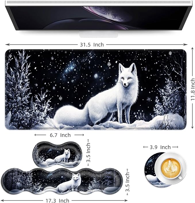 Keyboard Mouse Pad Set Extended Gaming Mouse Pad+Ergonomics Keyboard Wrist Rest Support Memory Foam Easy Typing Pain Relief 4Pcs XL Ultra Thick Desk MatFox Snowy Night Sky