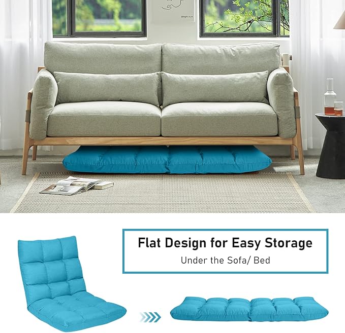 MAT EXPERT 14-Position Floor Chair Floor Gaming Chair w/Resilience Sponge Alloy Steel Frame Padded Bed Couch Recliner Floor Chair with Back Support for Reading Meditating (Peacock Blue)