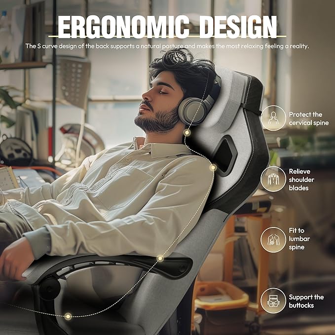 Dowinx Fabric Gaming Chair with Footrest Big and Tall Gaming Chair for Heavy People Wide Back Gamer Chair for Adult Computer Game Chair with Massage for 200lbs Grey
