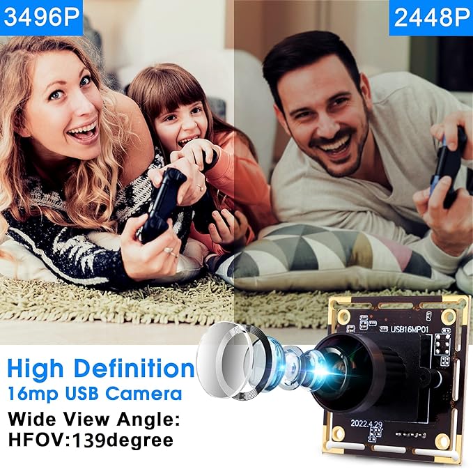ELP 16MP Wide Angle USB Camera Module with 170degree Fisheye Lens for Raspberry Pi Computer 4K Mini UVC USB2.0 Video Webcam Board Industrial PC Lightburn IMX298 Laptop ELP-USB16MP01-L170